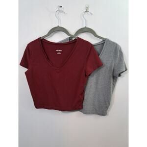 Wild Fable Lot of 2: Short Sleeve V Neck Cropped T-Shirt Size Medium Maroon Gray